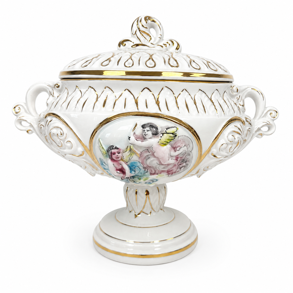 Prunkschale mit Deckel Keramus R. Capodimonte I Große Porzellan Terrine Handbemalt Gold I Italien um 1960