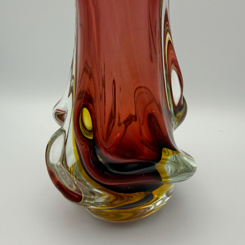 Vintage Murano Stil Glas Vase Rot Gelb Handgeformt Wellenrand Kunstglas 70er Showroom Ansbach