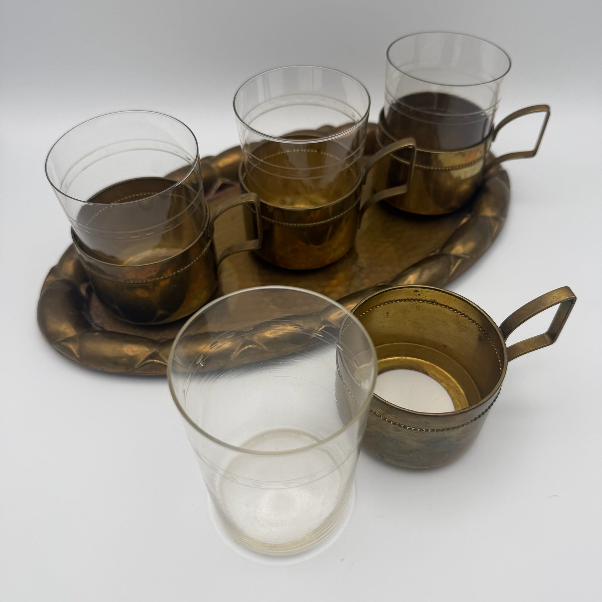 Antikes WMF Jugendstil Teeglas Set 1910 I Jenaer Glas 4er Set mit Tablett I Gemarkt Straußenmarke Geislingen I Rarität WMF