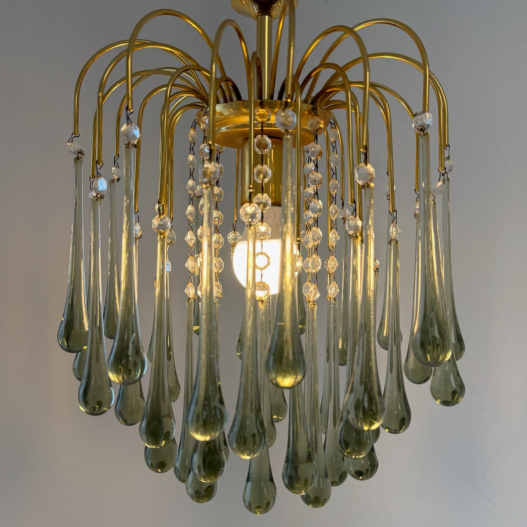 Kult Vistosi Murano XL Tropfenleuchte 1970er I 14 Karat Echtgold vergoldet I Rauchglas Grün-Grau Kaskaden-Kronleuchter 75 cm Murano