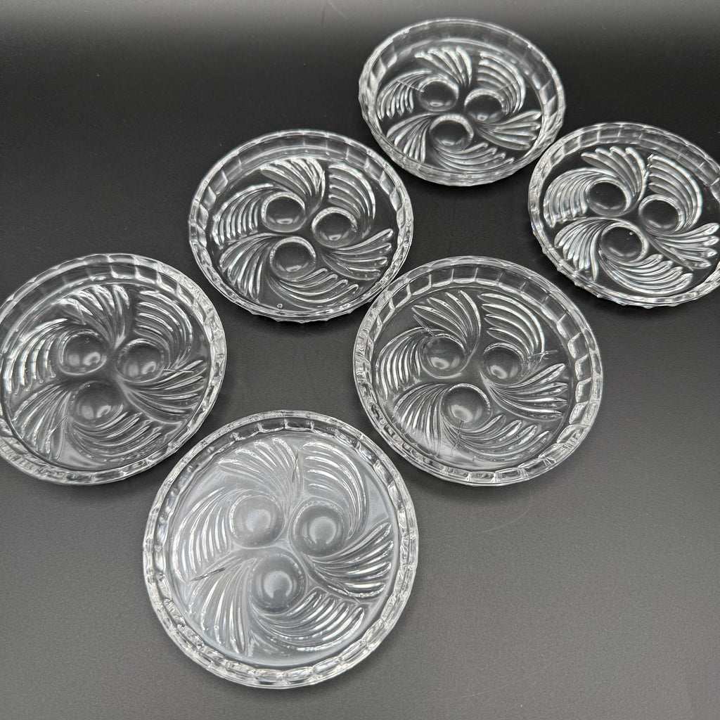 6x Uranglas Untersetzer Tellerchen Art Deco UV Glas fluoreszierend 8,5 cm Set Showroom Ansbach