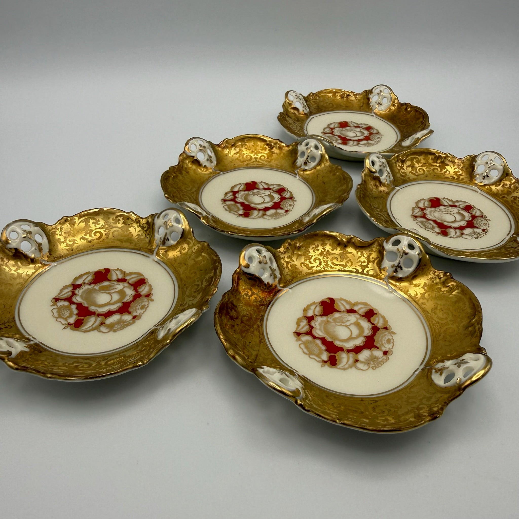 5er Set antike Rosenthal Kronach Tellerchen I Dekor Rosemarie I Konfektteller Goldrand 1920er Vintage Rosenthal