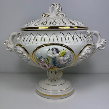 Prunkschale mit Deckel Keramus R. Capodimonte I Große Porzellan Terrine Handbemalt Gold I Italien um 1960 Keramos