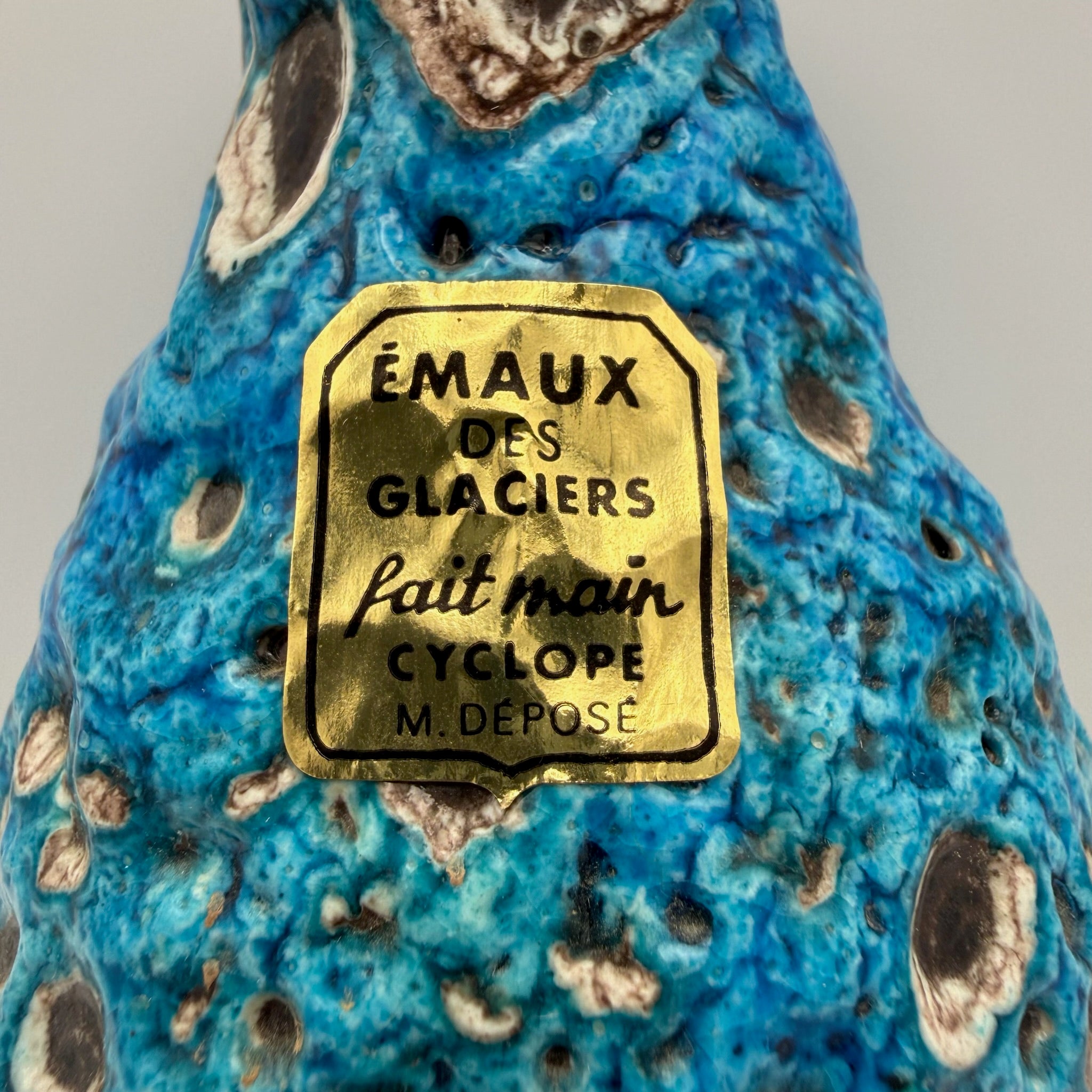 Brutalistische Fat Lava Keramik Vase von Charles Cart I Vallauris Frankreich 1960er I Blau Türkis Volkanique I Mit Original Etikett 18,8 cm Charles Cart