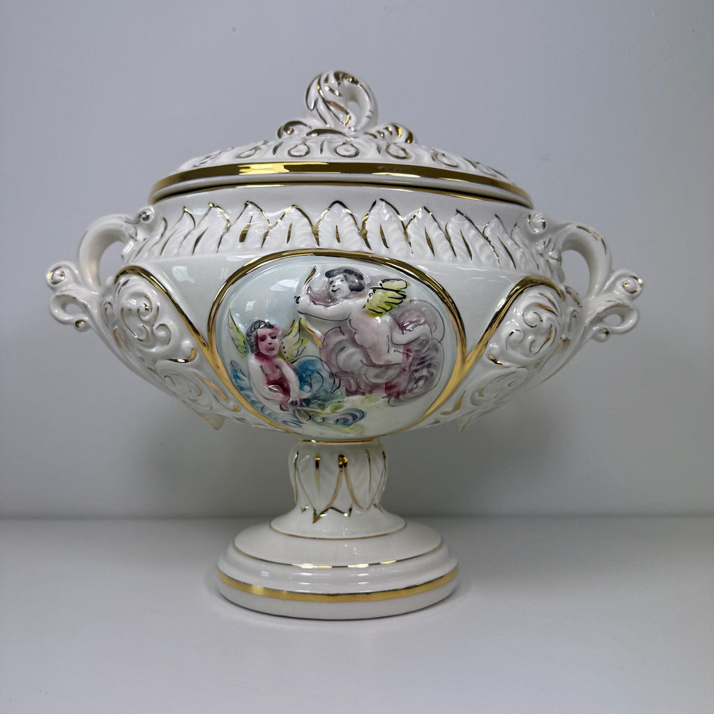 Prunkschale mit Deckel Keramus R. Capodimonte I Große Porzellan Terrine Handbemalt Gold I Italien um 1960 Keramos