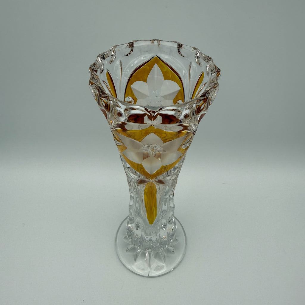 Vintage Kristall Vase Böhmen Bernstein Überfang Keilschliff Blume Medaillon edel Showroom Ansbach
