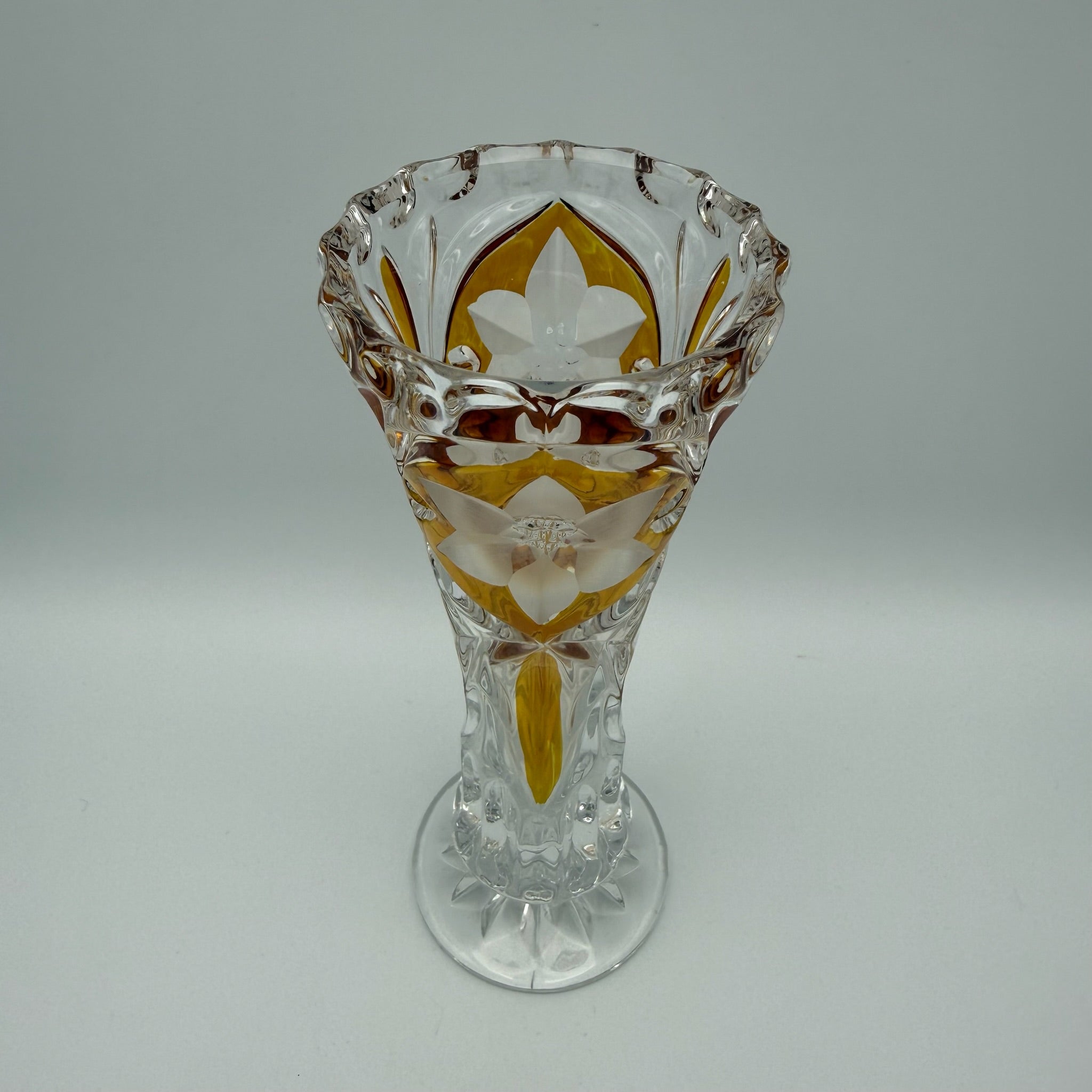 Vintage Kristall Vase Böhmen Bernstein Überfang Keilschliff Blume Medaillon edel Showroom Ansbach