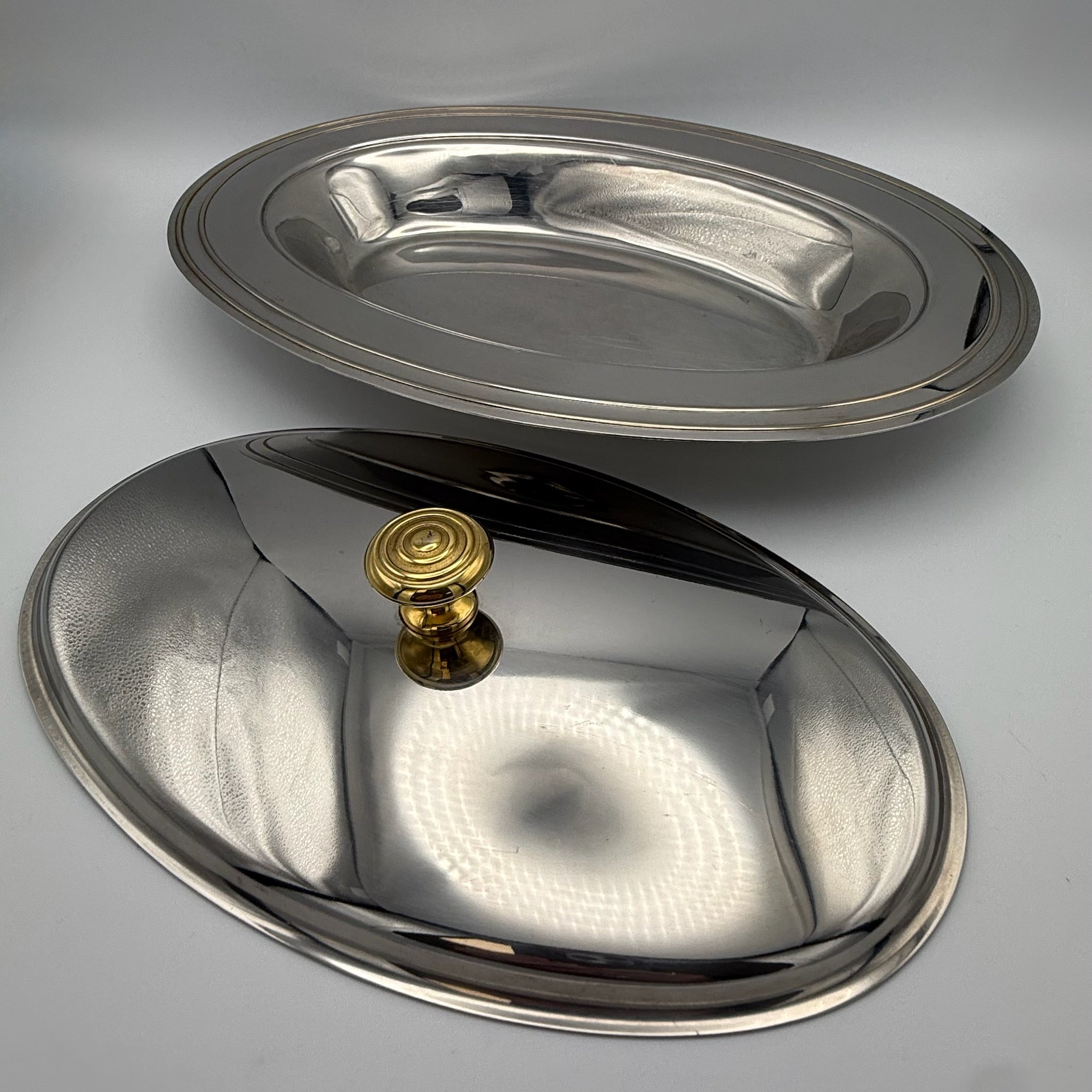 WMF Vintage Legumiere Oval I Cromargan & Messingknauf I Servierschale mit Deckel 1980er I Entree-Schale 34,5 cm WMF