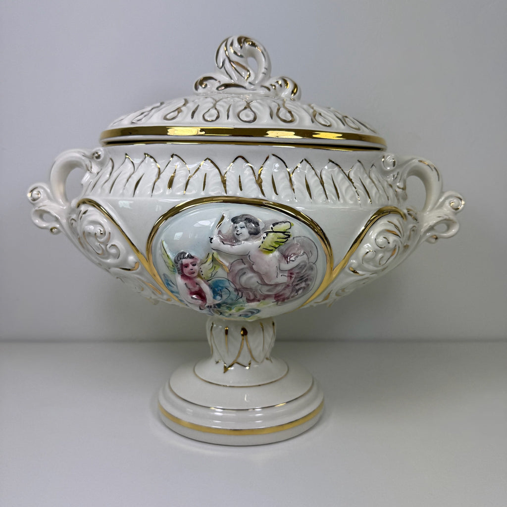 Prunkschale mit Deckel Keramus R. Capodimonte I Große Porzellan Terrine Handbemalt Gold I Italien um 1960 Keramos