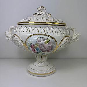 Prunkschale mit Deckel Keramus R. Capodimonte I Große Porzellan Terrine Handbemalt Gold I Italien um 1960