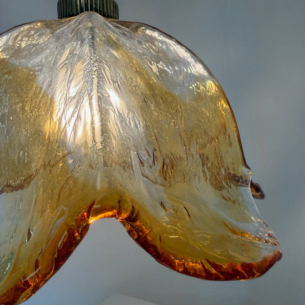 Große Murano Glas Pendelleuchte 70er I AV Mazzega Stil I Blüten-Hängelampe Bernstein Orange Messing I Vintage 34,5 cm Murano