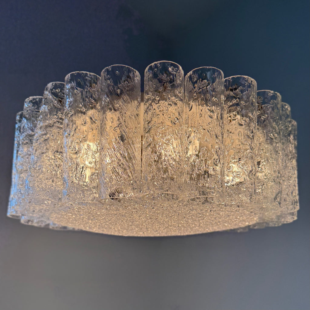 Kult Doria Leuchten Eisglas Plafonniere 40 cm I Monumentale Mid-Century Deckenlampe mit Glasröhren ca. 1960er Doria Leuchten