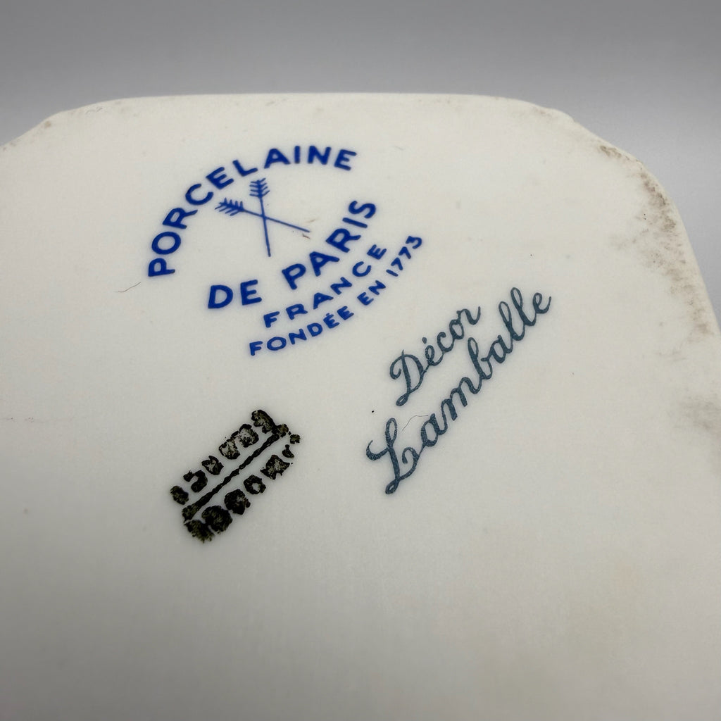 3tlg Porcelaine de Paris Badezimmer Set I Dekor Lamballe Schwanen-Motiv I Flakons & Deckeldose Frankreich 1970er Porcelaine de Paris
