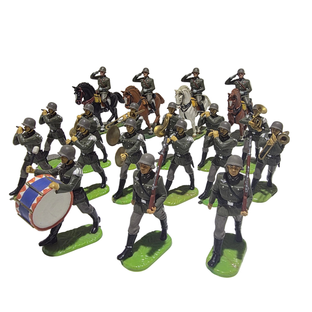 19 Hausser Elastolin Figuren 7 cm – Militärkapelle Musiker Reiter – Original mit Punkt Hausser