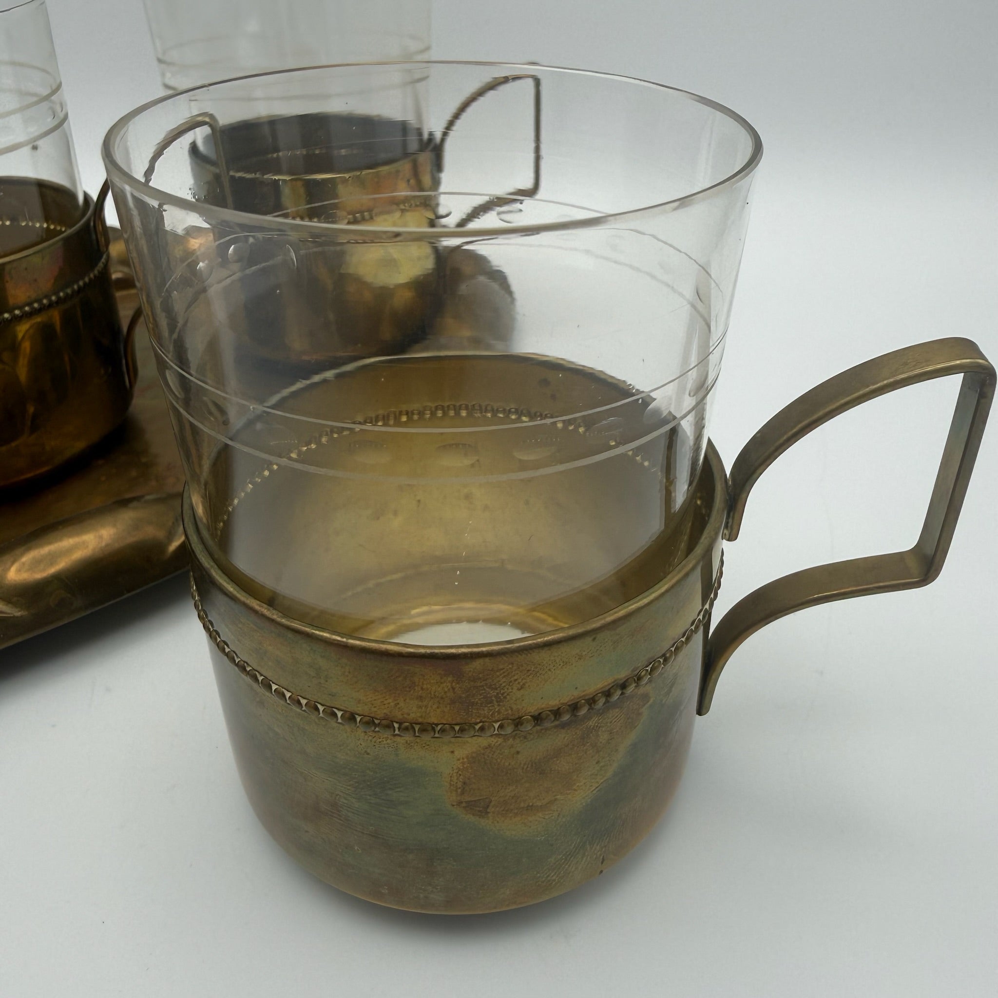 Antikes WMF Jugendstil Teeglas Set 1910 I Jenaer Glas 4er Set mit Tablett I Gemarkt Straußenmarke Geislingen I Rarität WMF