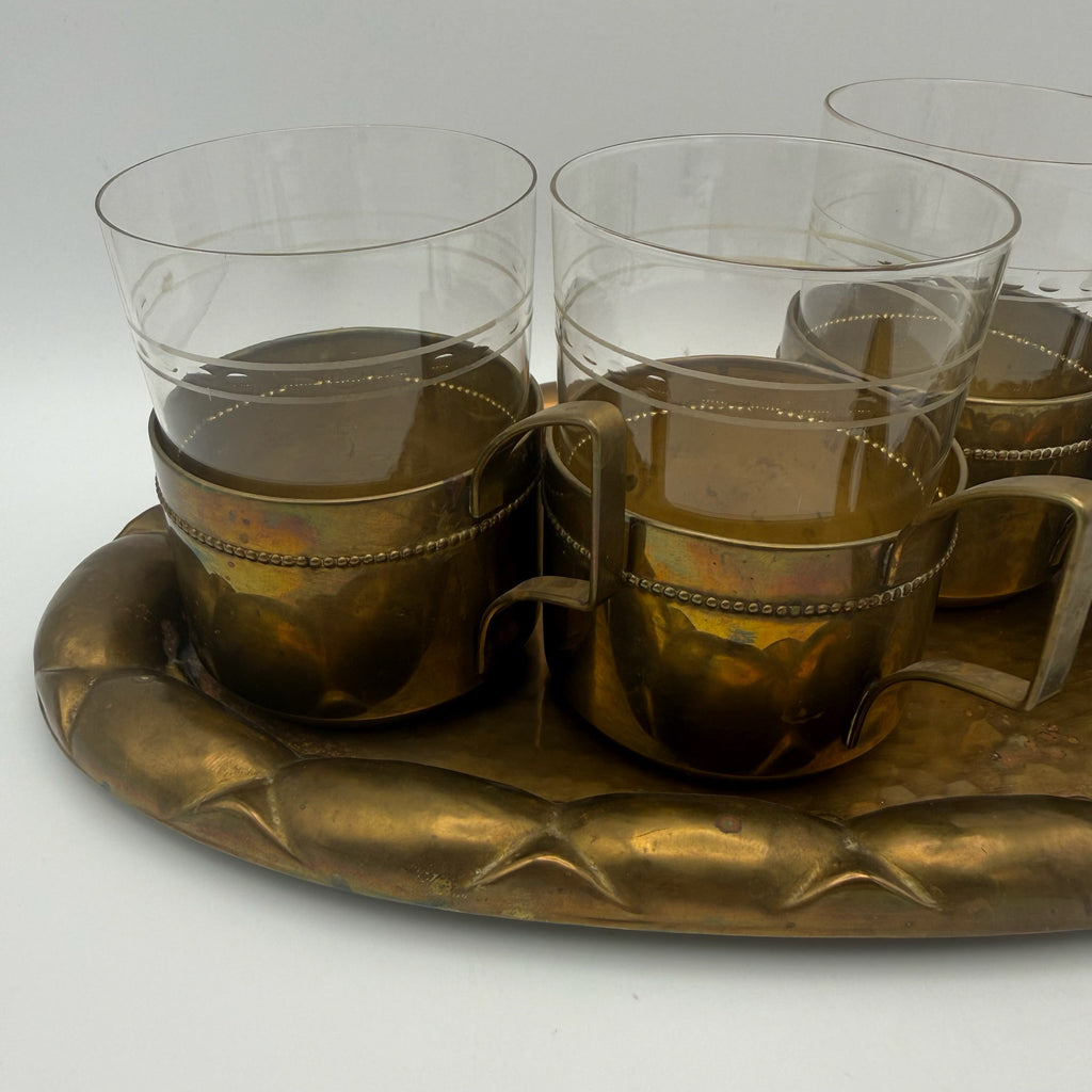 Antikes WMF Jugendstil Teeglas Set 1910 I Jenaer Glas 4er Set mit Tablett I Gemarkt Straußenmarke Geislingen I Rarität WMF