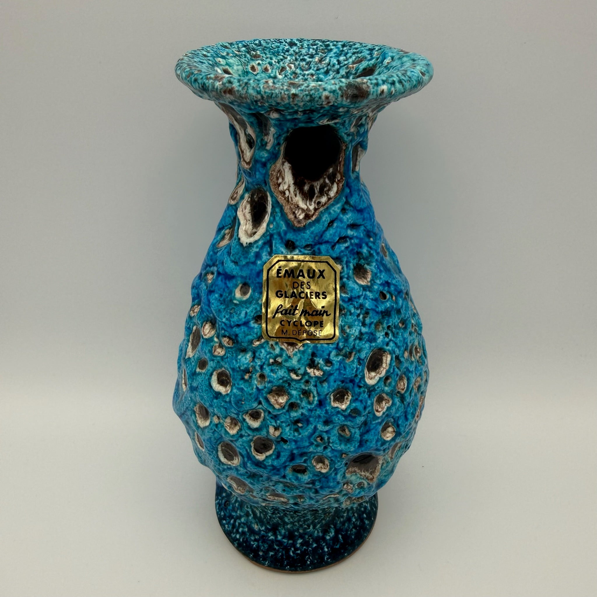 Brutalistische Fat Lava Keramik Vase von Charles Cart I Vallauris Frankreich 1960er I Blau Türkis Volkanique I Mit Original Etikett 18,8 cm Charles Cart