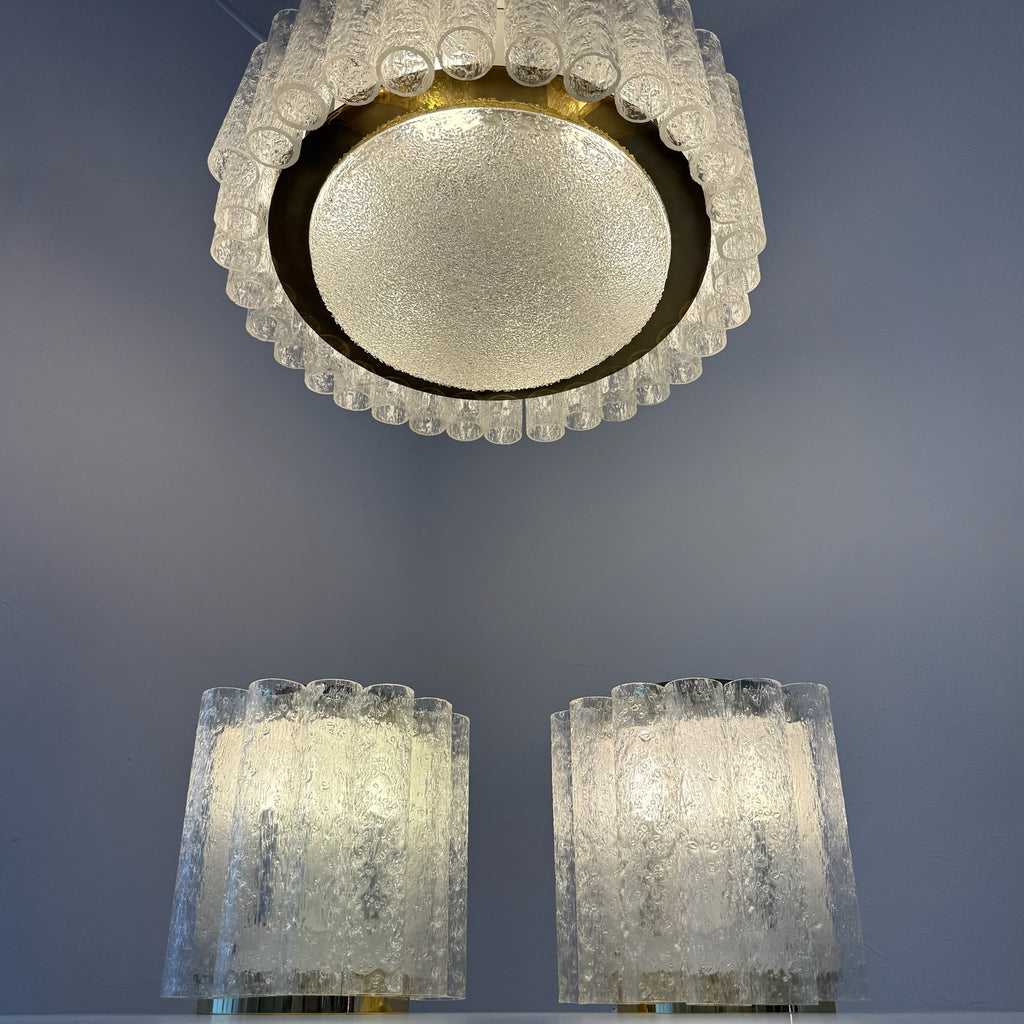 3tlg. Doria Leuchten Eisglas Ensemble I Große Deckenlampe & 2 Wandlampen 1960er I Mid-Century Space Age Set I Original Etiketten Doria Leuchten