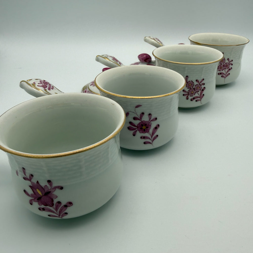 4er Set Herend Schokoladentassen mit Deckel I Apponyi Purpur I Handgemalt Rosenknauf Goldstaffage I Seltene Crème-Töpfen Herend