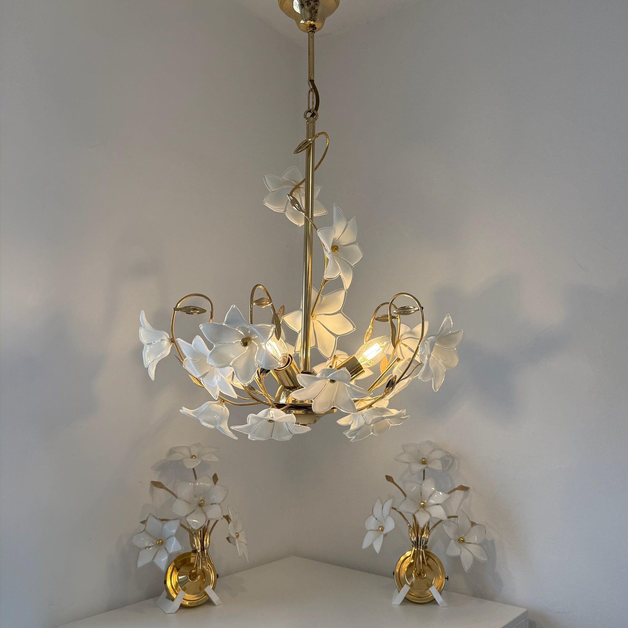 3tlg. Paolo Venini Murano Glas Florentiner Set I 3-flammiger Kronleuchter & 2 Wandlampen 1970er I Italienisches Design Chrom I Rarität Showroom Ansbach