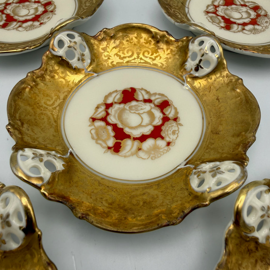 5er Set antike Rosenthal Kronach Tellerchen I Dekor Rosemarie I Konfektteller Goldrand 1920er Vintage Rosenthal