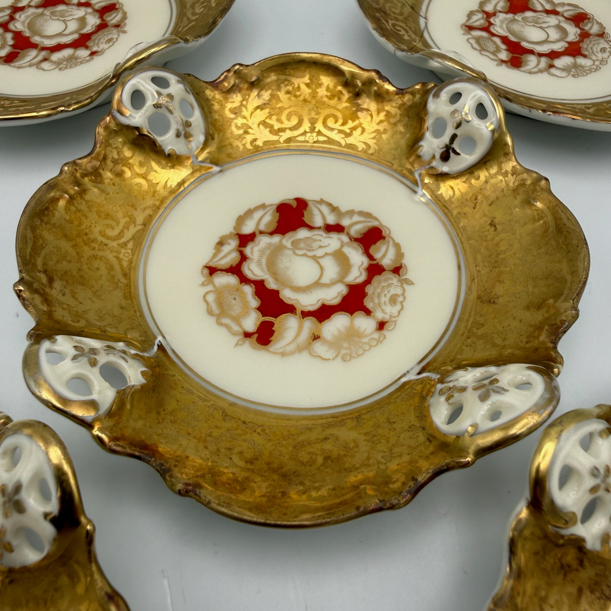 5er Set antike Rosenthal Kronach Tellerchen I Dekor Rosemarie I Konfektteller Goldrand 1920er Vintage Rosenthal