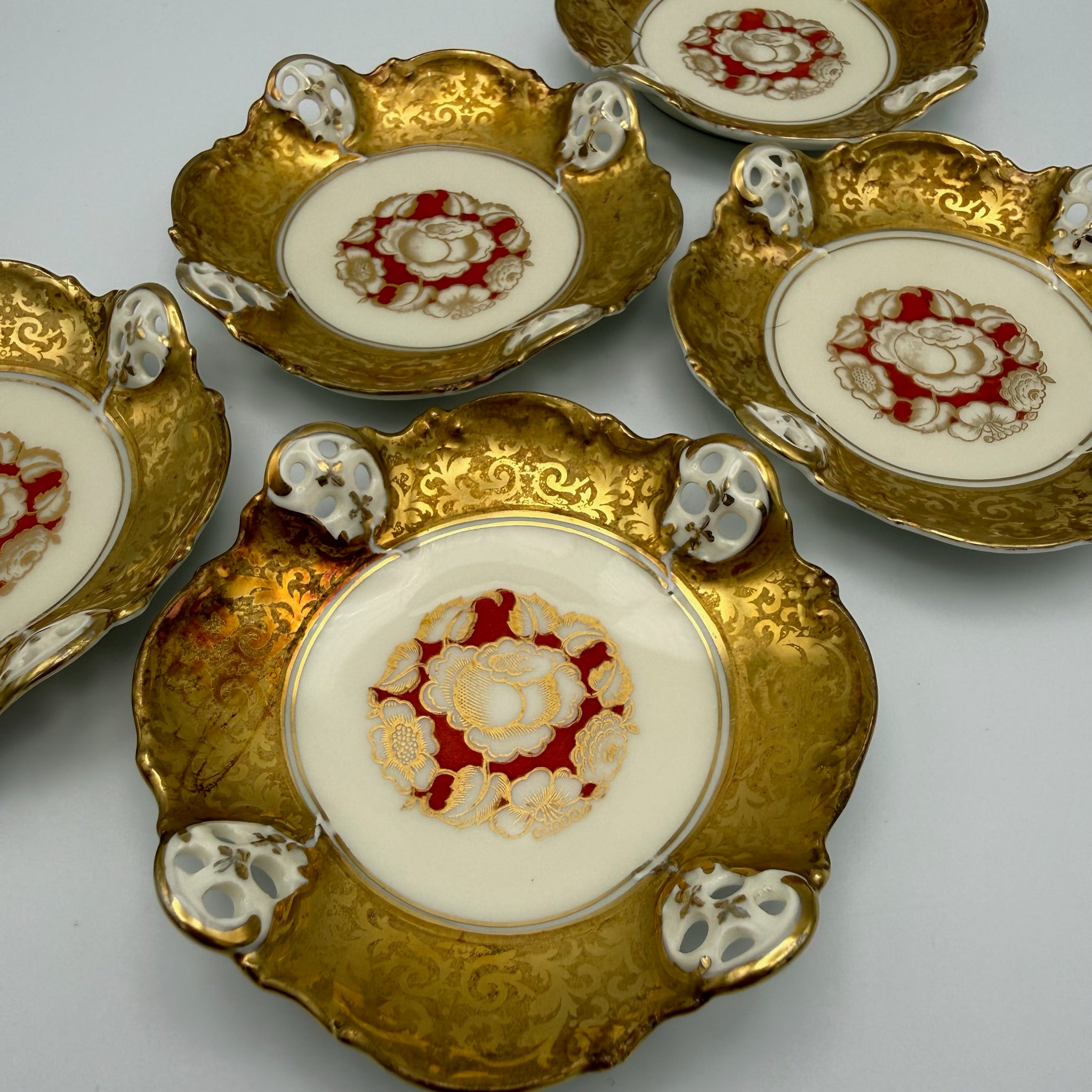 5er Set antike Rosenthal Kronach Tellerchen I Dekor Rosemarie I Konfektteller Goldrand 1920er Vintage Rosenthal