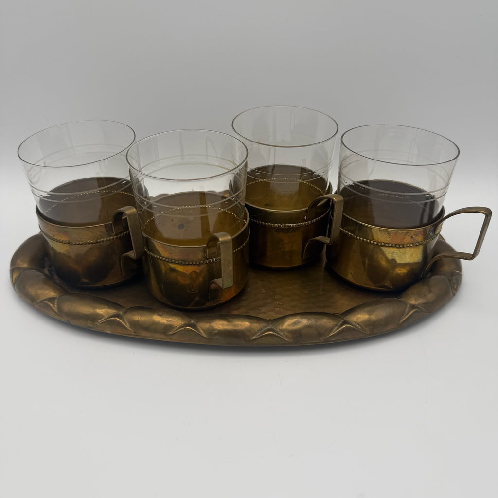 Antikes WMF Jugendstil Teeglas Set 1910 I Jenaer Glas 4er Set mit Tablett I Gemarkt Straußenmarke Geislingen I Rarität WMF