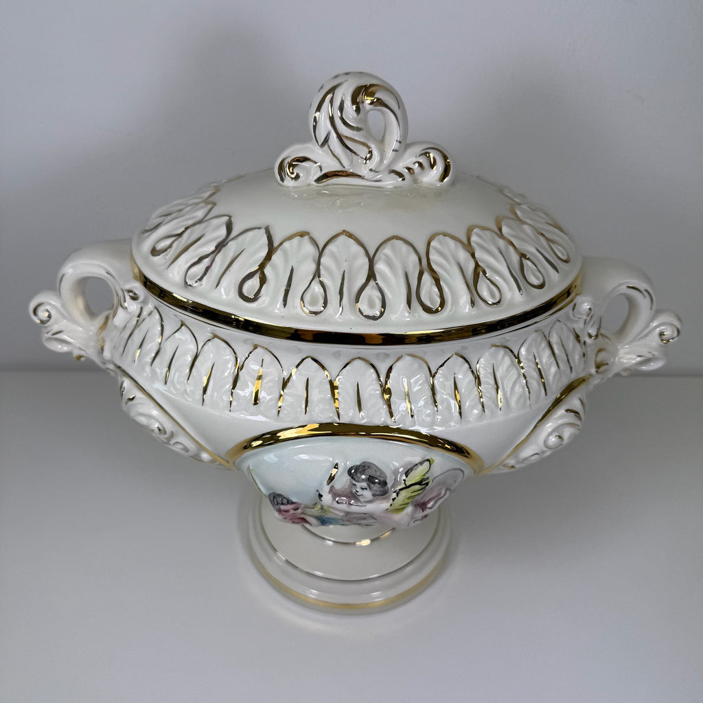 Prunkschale mit Deckel Keramus R. Capodimonte I Große Porzellan Terrine Handbemalt Gold I Italien um 1960 Keramos