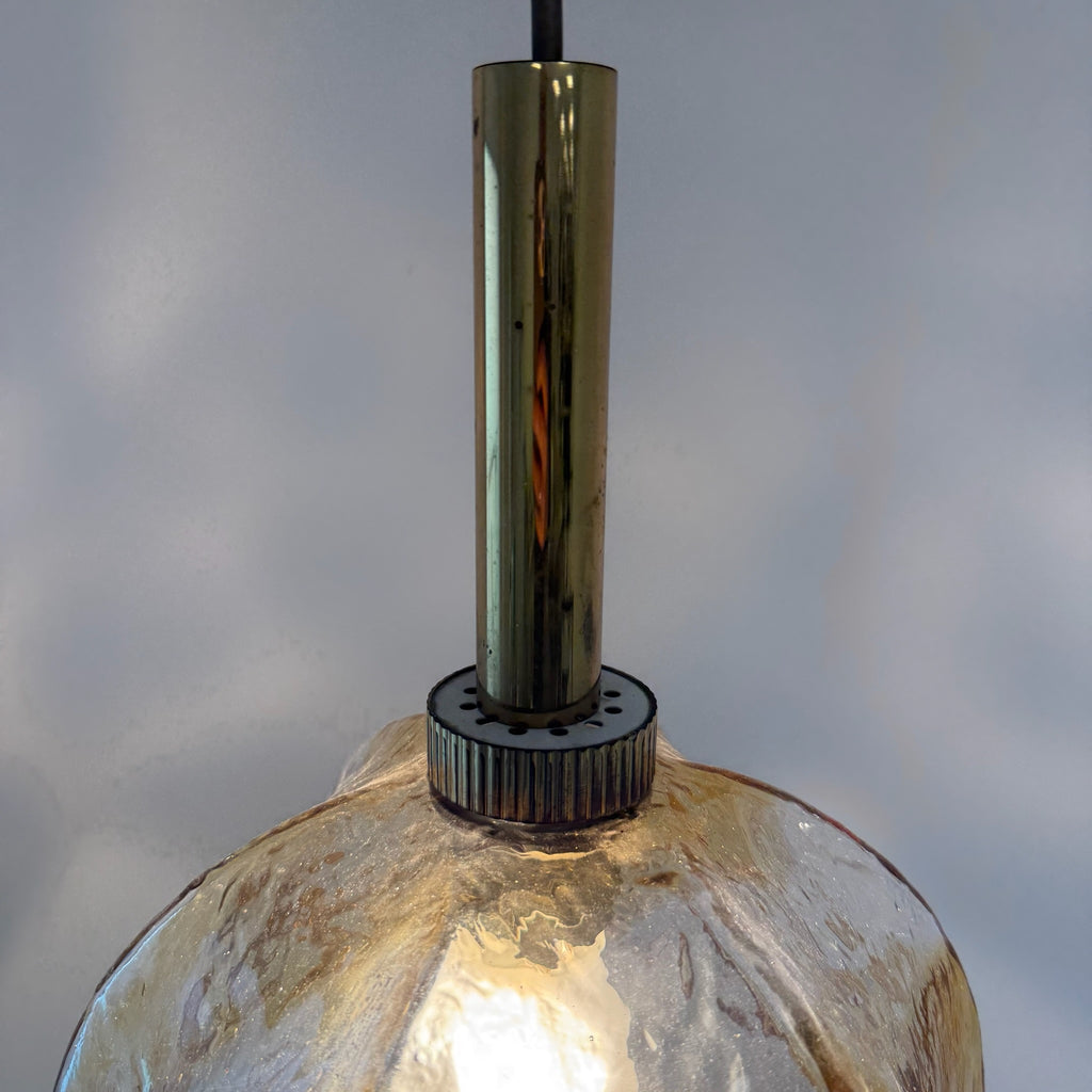 Große Murano Glas Pendelleuchte 70er I AV Mazzega Stil I Blüten-Hängelampe Bernstein Orange Messing I Vintage 34,5 cm Murano