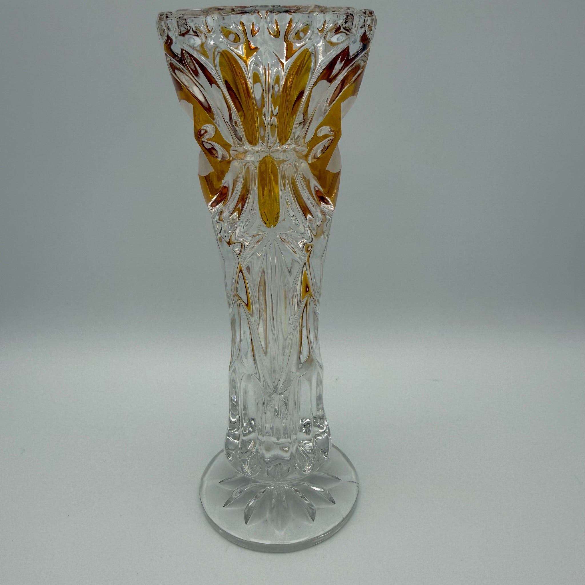 Vintage Kristall Vase Böhmen Bernstein Überfang Keilschliff Blume Medaillon edel Showroom Ansbach