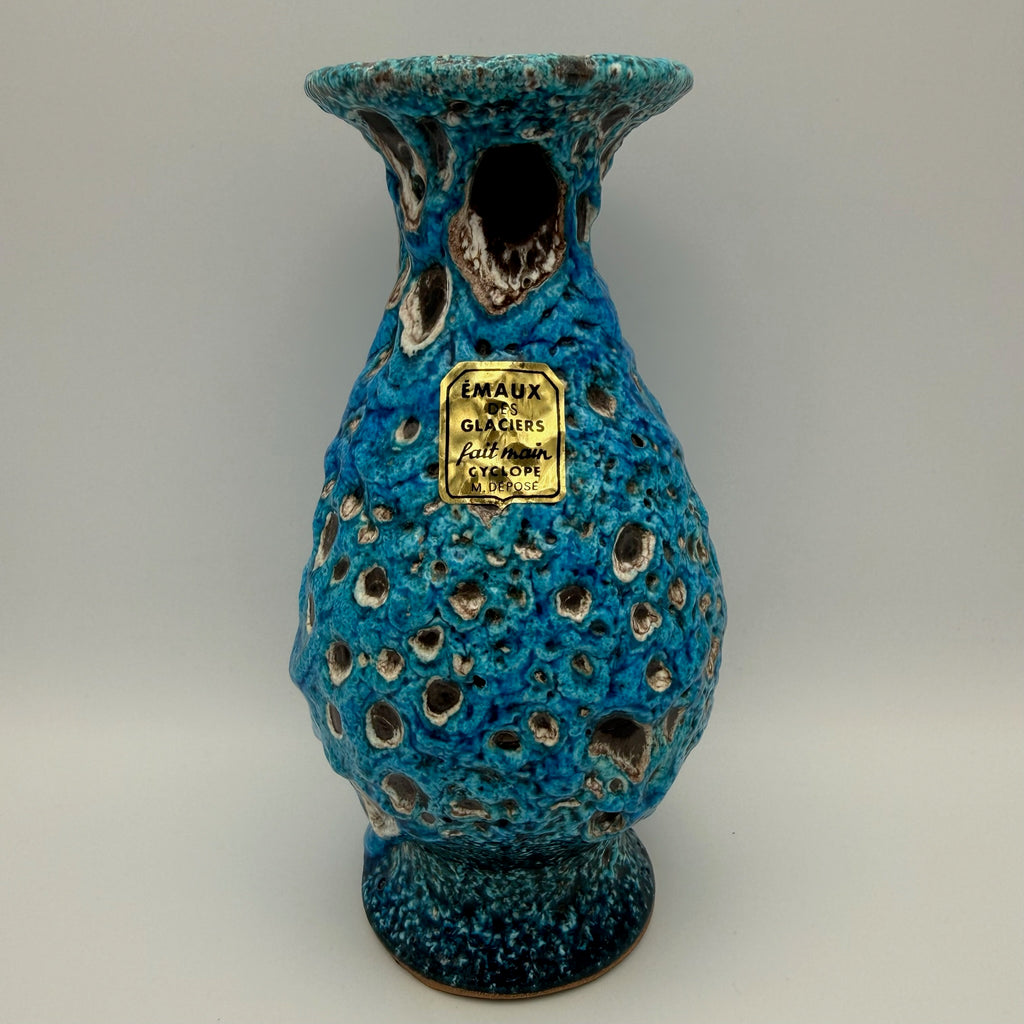 Brutalistische Fat Lava Keramik Vase von Charles Cart I Vallauris Frankreich 1960er I Blau Türkis Volkanique I Mit Original Etikett 18,8 cm Charles Cart