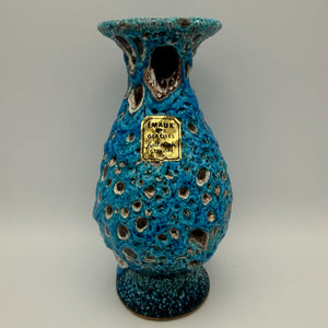 Brutalistische Fat Lava Keramik Vase von Charles Cart I Vallauris Frankreich 1960er I Blau Türkis Volkanique I Mit Original Etikett 18,8 cm