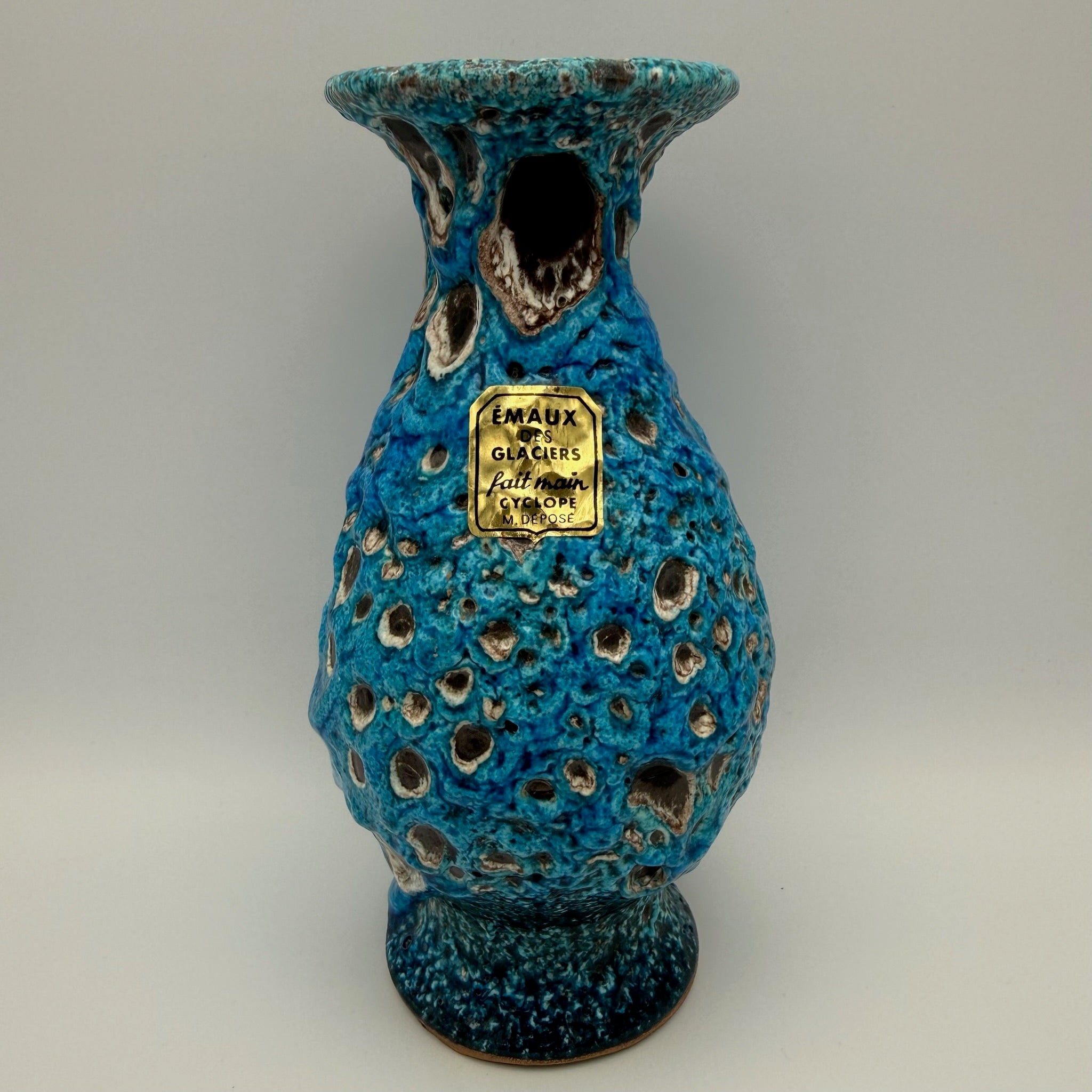 Brutalistische Fat Lava Keramik Vase von Charles Cart I Vallauris Frankreich 1960er I Blau Türkis Volkanique I Mit Original Etikett 18,8 cm Charles Cart