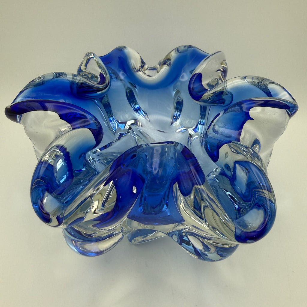 Vintage Murano Stil Glas Schale Blau Blütenform Sommerso Kunstglas 60er 70er Showroom Ansbach