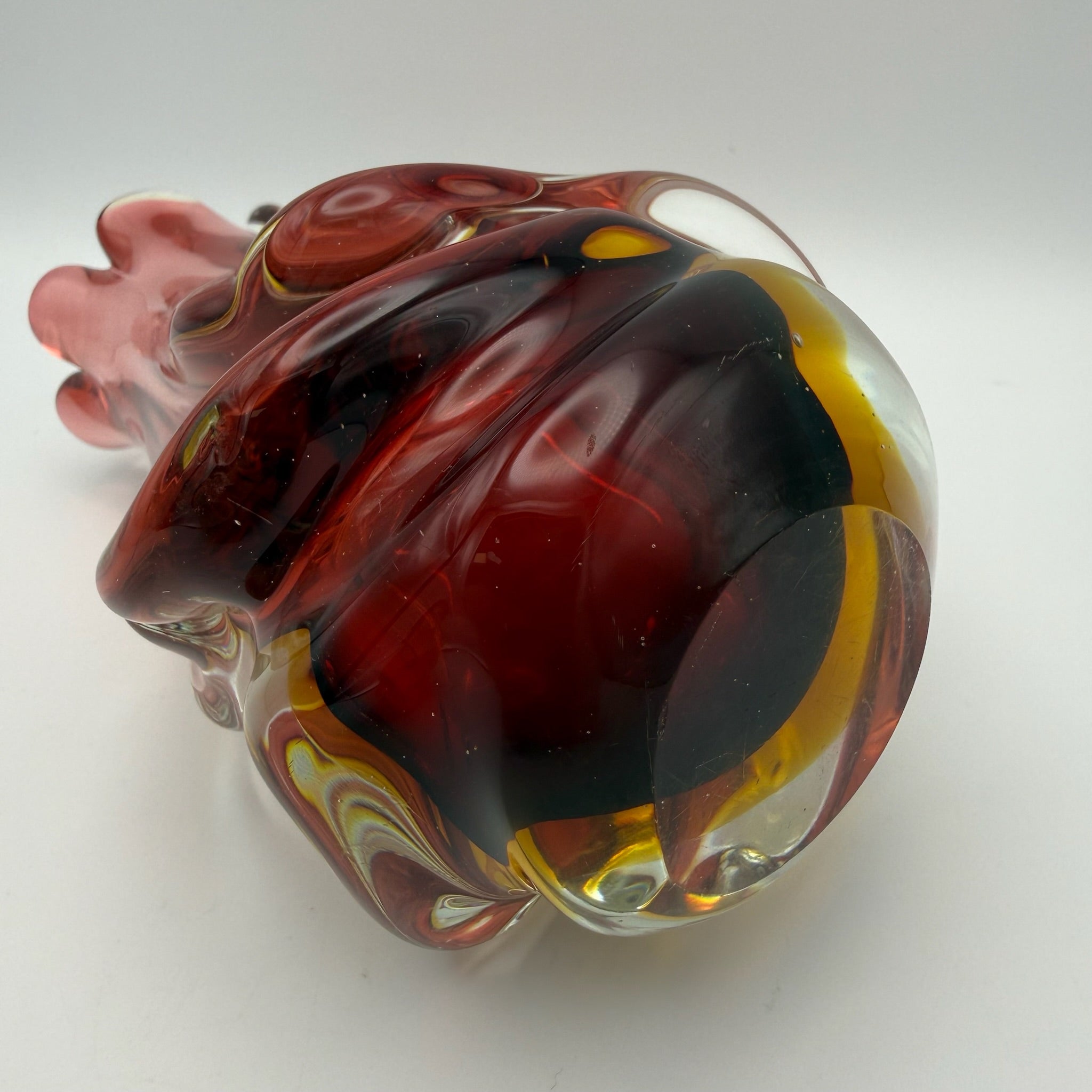 Vintage Murano Stil Glas Vase Rot Gelb Handgeformt Wellenrand Kunstglas 70er Showroom Ansbach