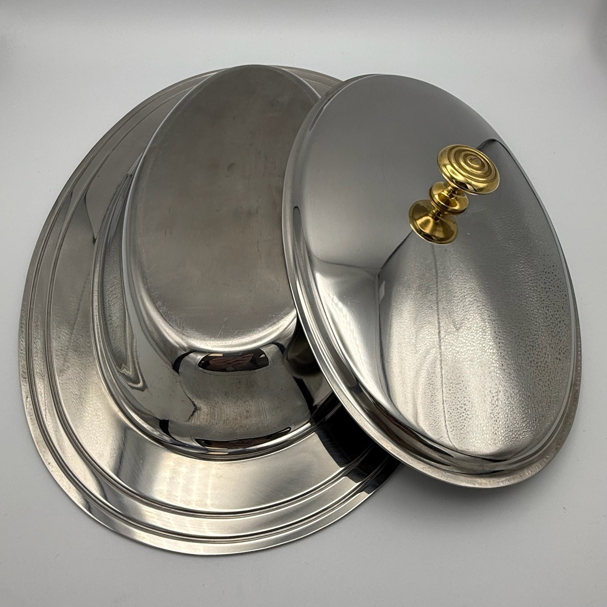 WMF Vintage Legumiere Oval I Cromargan & Messingknauf I Servierschale mit Deckel 1980er I Entree-Schale 34,5 cm WMF
