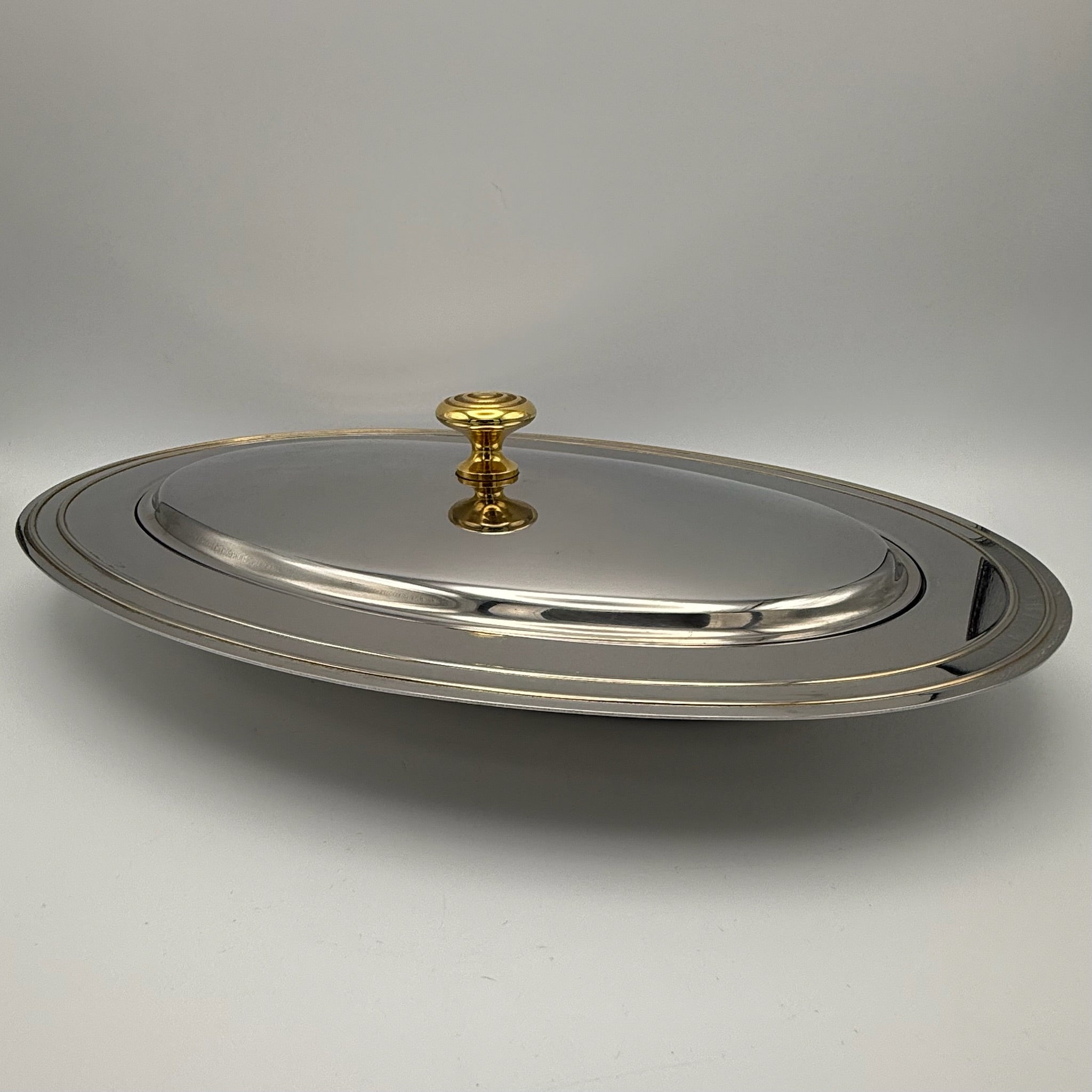 WMF Vintage Legumiere Oval I Cromargan & Messingknauf I Servierschale mit Deckel 1980er I Entree-Schale 34,5 cm WMF
