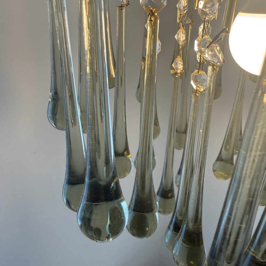 Kult Vistosi Murano XL Tropfenleuchte 1970er I 14 Karat Echtgold vergoldet I Rauchglas Grün-Grau Kaskaden-Kronleuchter 75 cm Murano