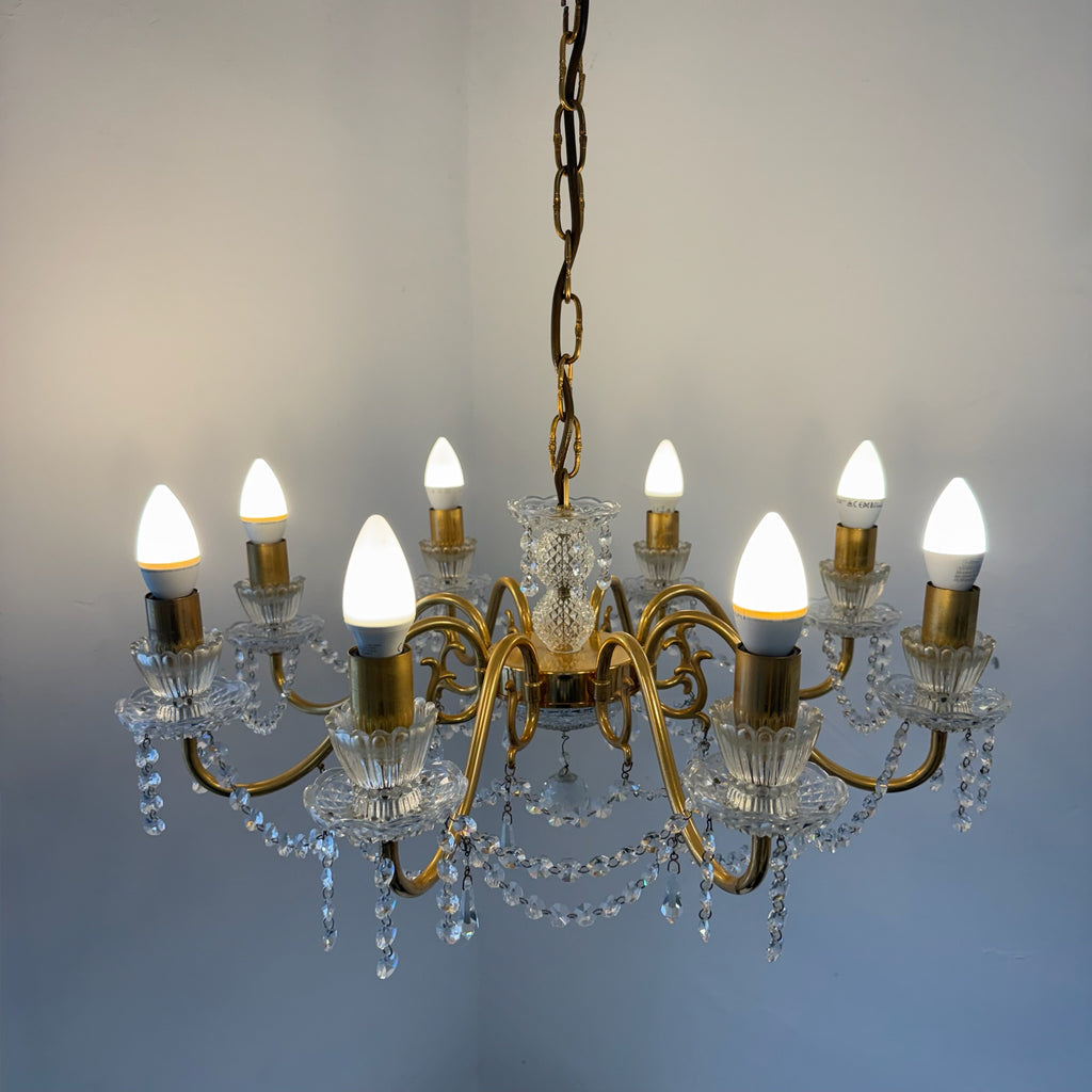 Prachtvoller 8-flammiger Kristall-Kronleuchter um 1960 I 14 Karat Echtgold-Vergoldung I Schweres Bleikristall Prunk-Chandelier 74 cm Showroom Ansbach