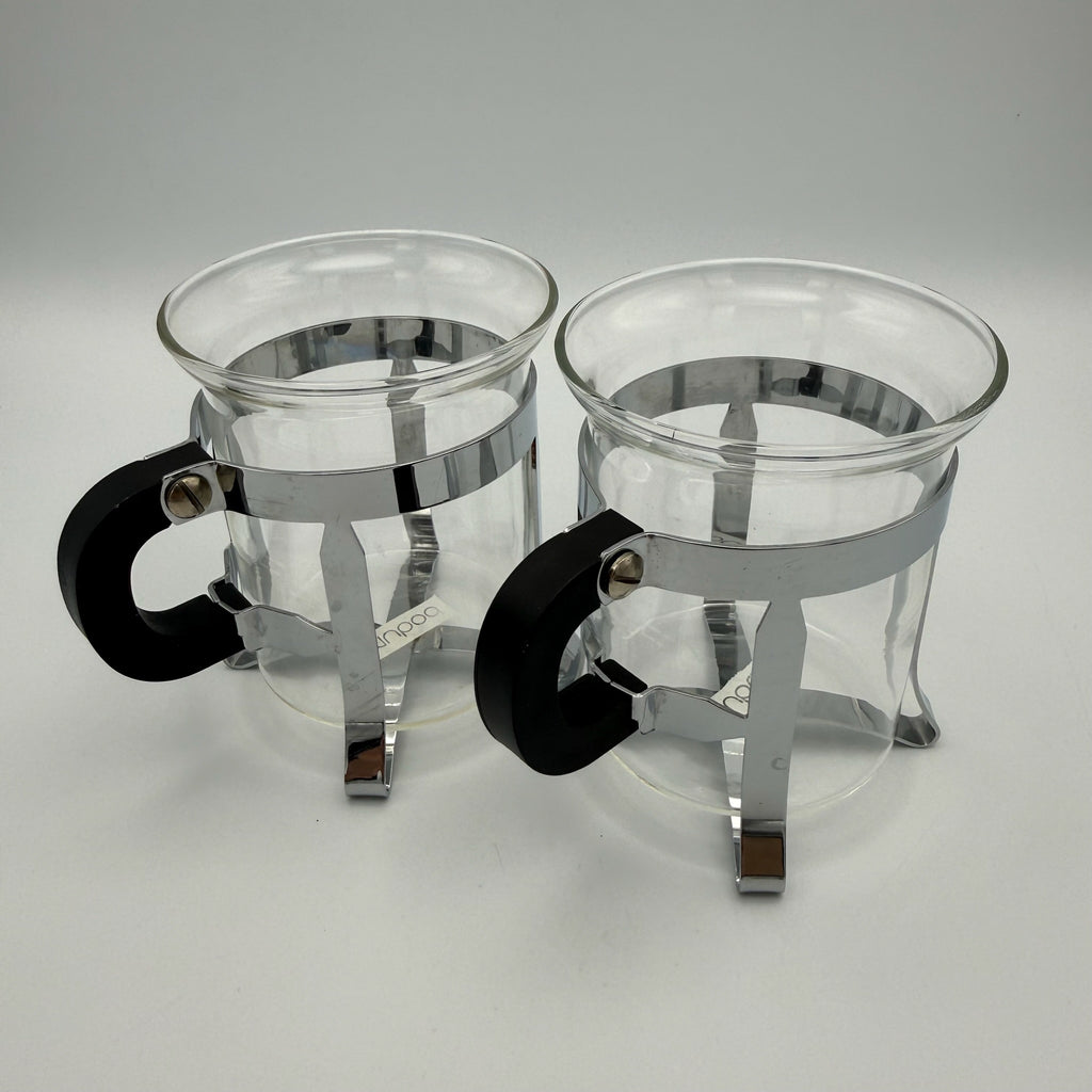Vintage Bodum Teekanne mit 2 Tassen I Glas & Chrom – Mid Century Design I 3-teiliges Set Bodum