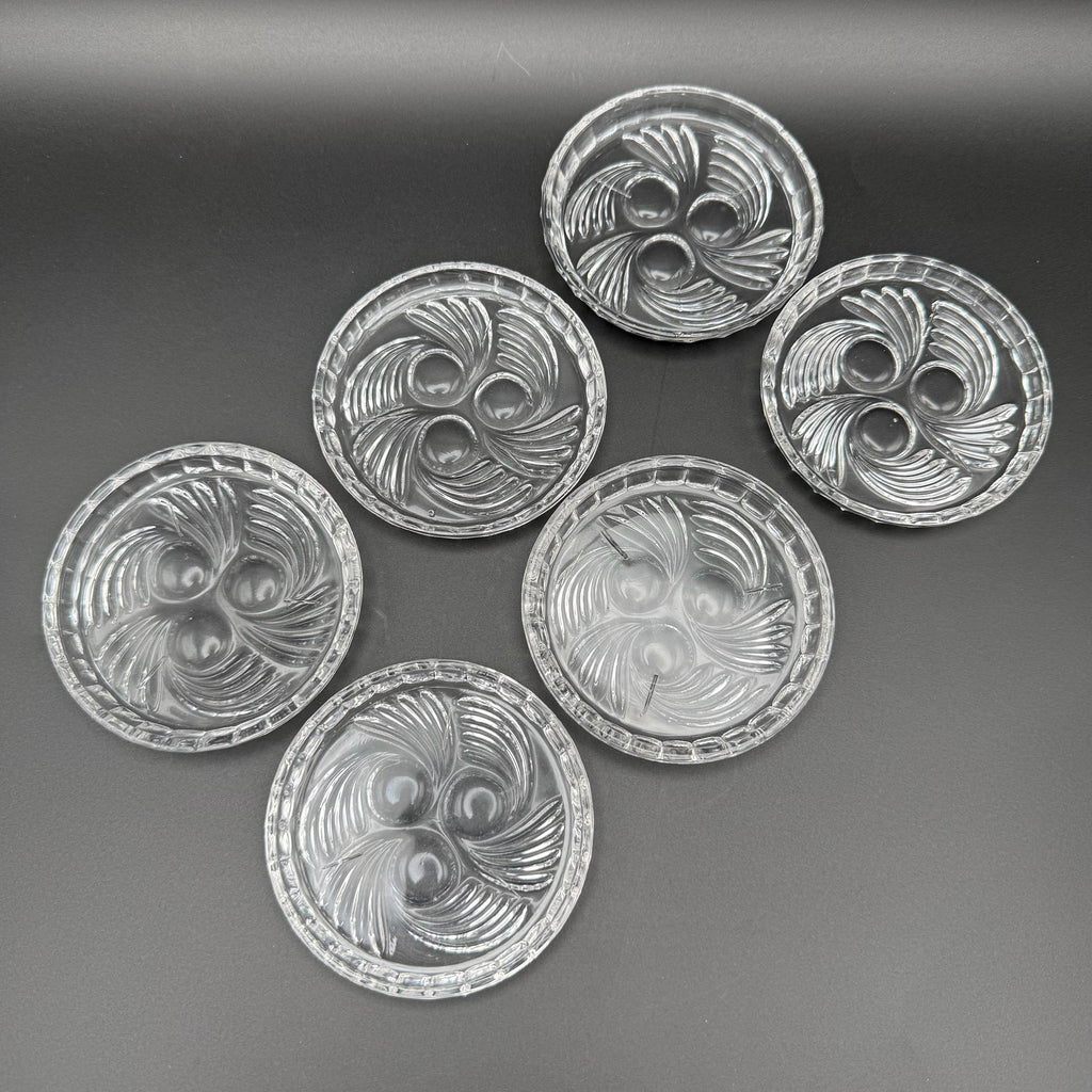 6x Uranglas Untersetzer Tellerchen Art Deco UV Glas fluoreszierend 8,5 cm Set Showroom Ansbach