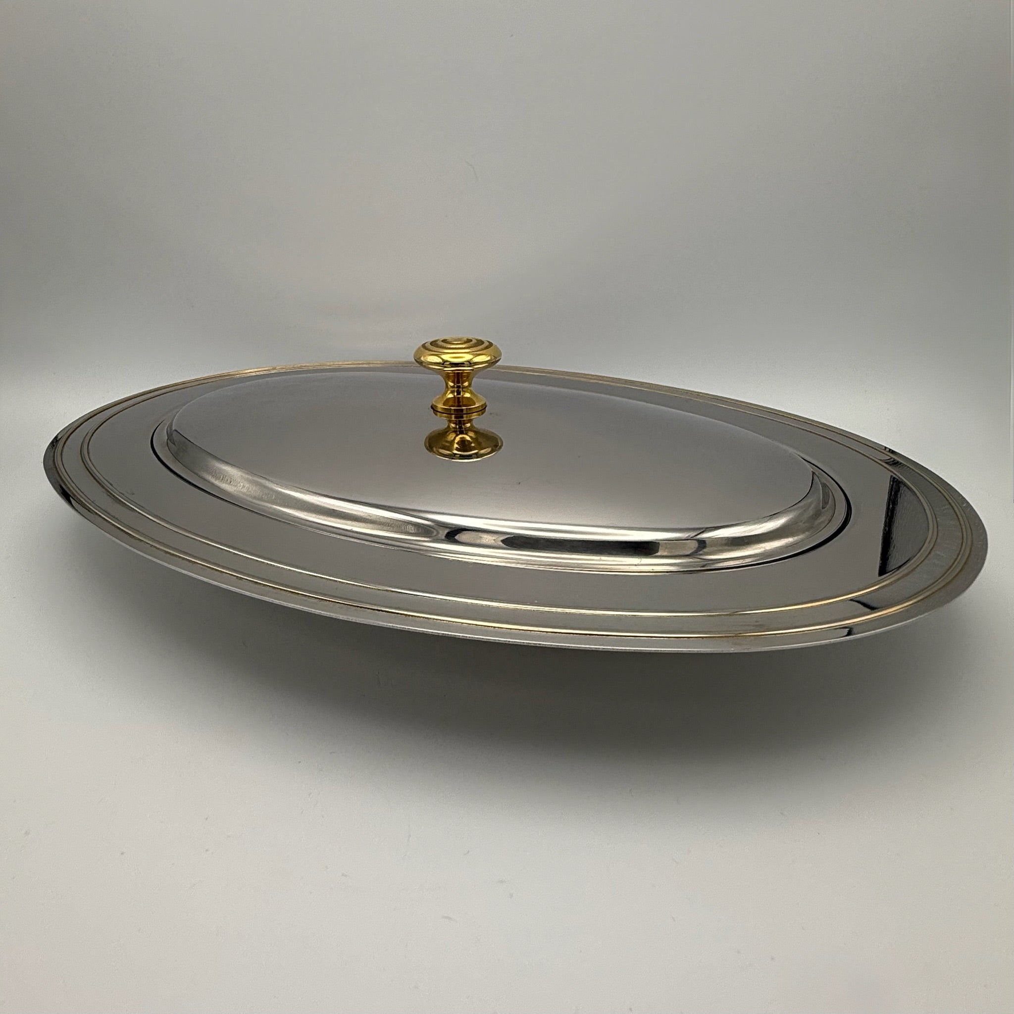 WMF Vintage Legumiere Oval I Cromargan & Messingknauf I Servierschale mit Deckel 1980er I Entree-Schale 34,5 cm WMF