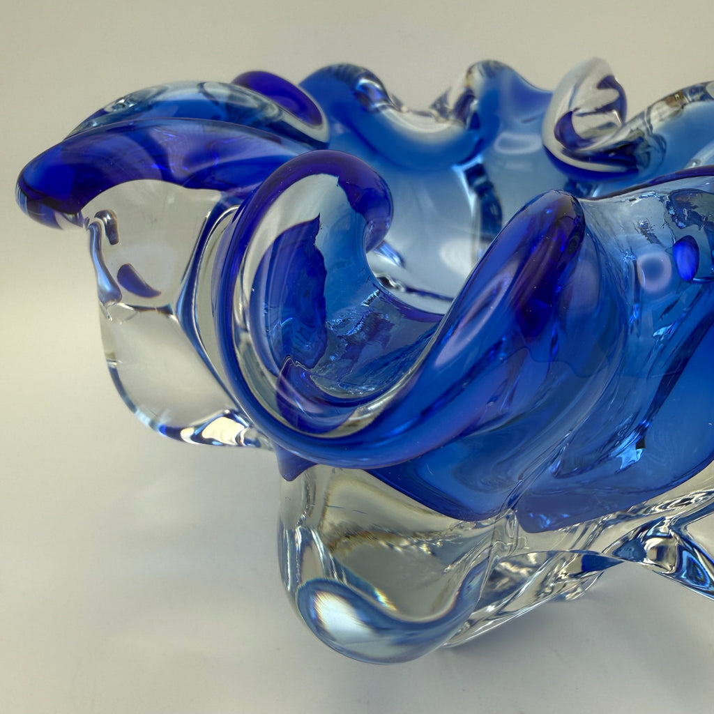 Vintage Murano Stil Glas Schale Blau Blütenform Sommerso Kunstglas 60er 70er Showroom Ansbach