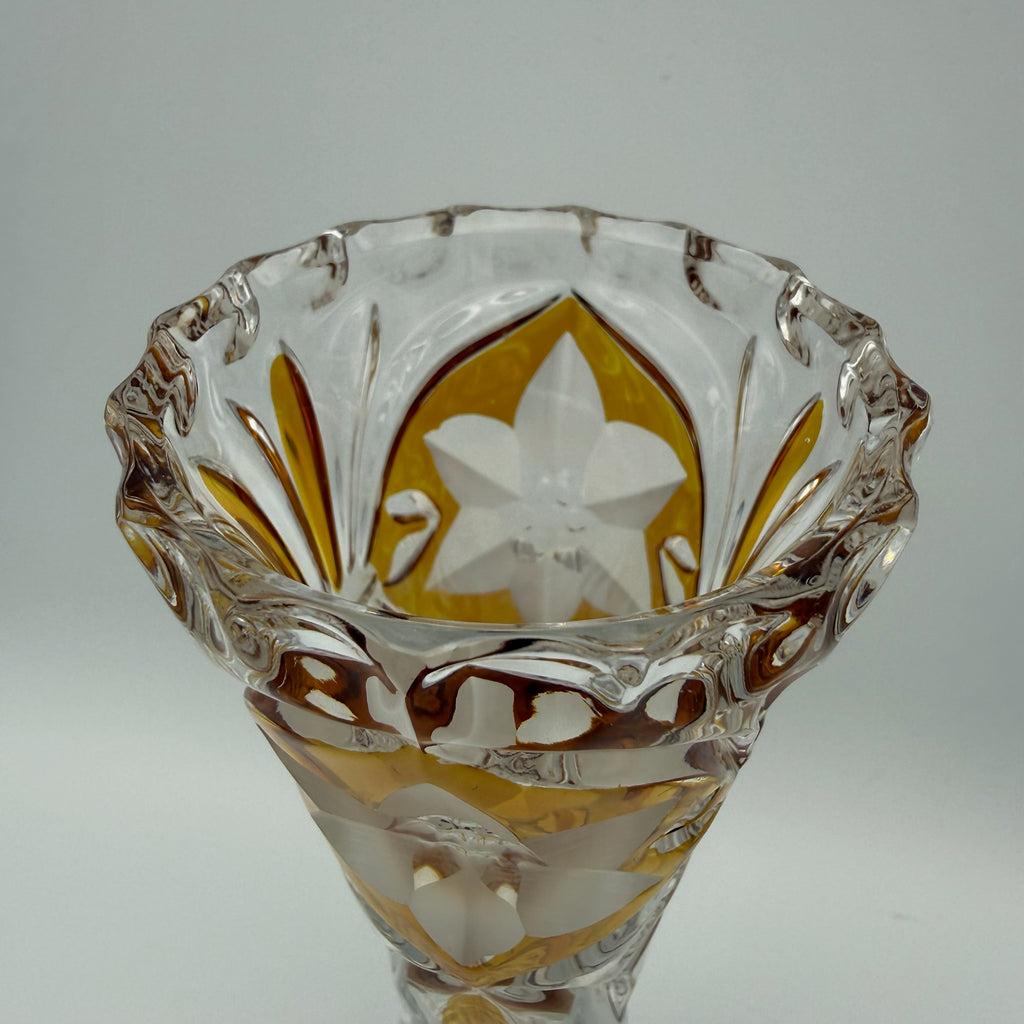 Vintage Kristall Vase Böhmen Bernstein Überfang Keilschliff Blume Medaillon edel Showroom Ansbach