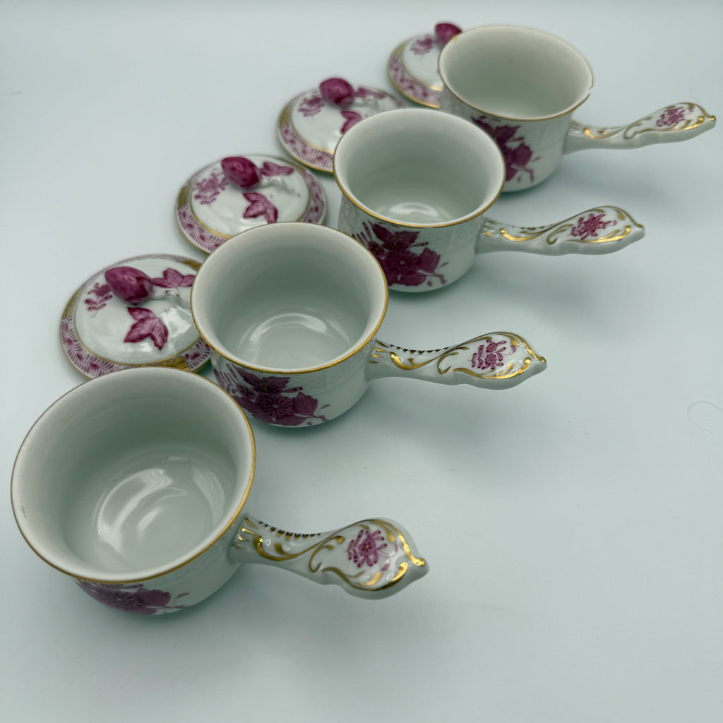 4er Set Herend Schokoladentassen mit Deckel I Apponyi Purpur I Handgemalt Rosenknauf Goldstaffage I Seltene Crème-Töpfen Herend