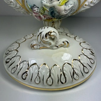 Prunkschale mit Deckel Keramus R. Capodimonte I Große Porzellan Terrine Handbemalt Gold I Italien um 1960 Keramos