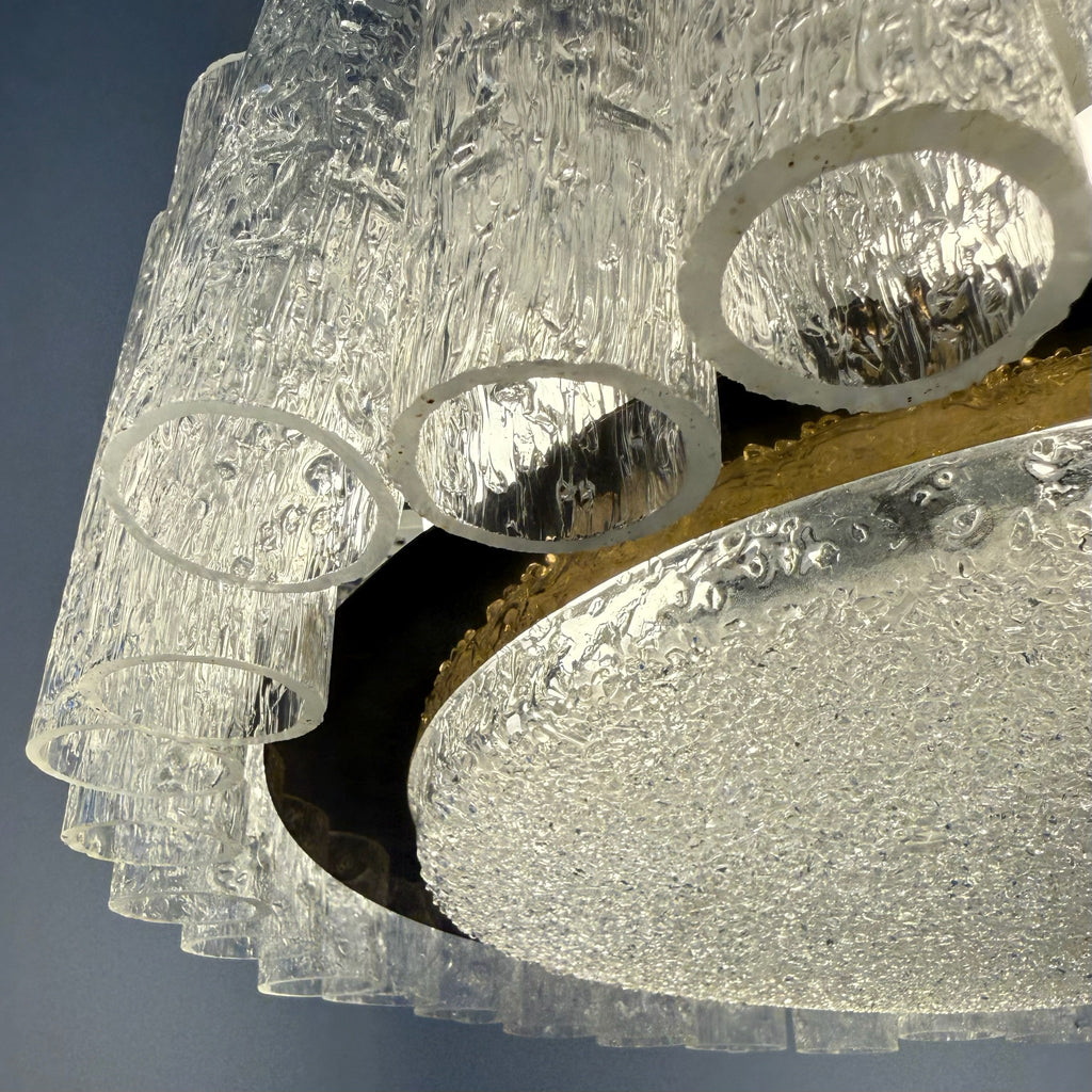 3tlg. Doria Leuchten Eisglas Ensemble I Große Deckenlampe & 2 Wandlampen 1960er I Mid-Century Space Age Set I Original Etiketten Doria Leuchten