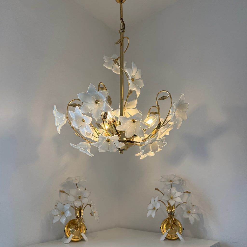 3tlg. Paolo Venini Murano Glas Florentiner Set I 3-flammiger Kronleuchter & 2 Wandlampen 1970er I Italienisches Design Chrom I Rarität Showroom Ansbach