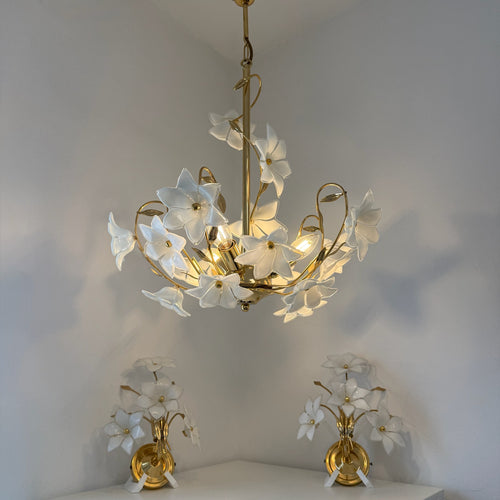 3tlg. Paolo Venini Murano Glas Florentiner Set I 3-flammiger Kronleuchter & 2 Wandlampen 1970er I Italienisches Design Chrom I Rarität Showroom Ansbach